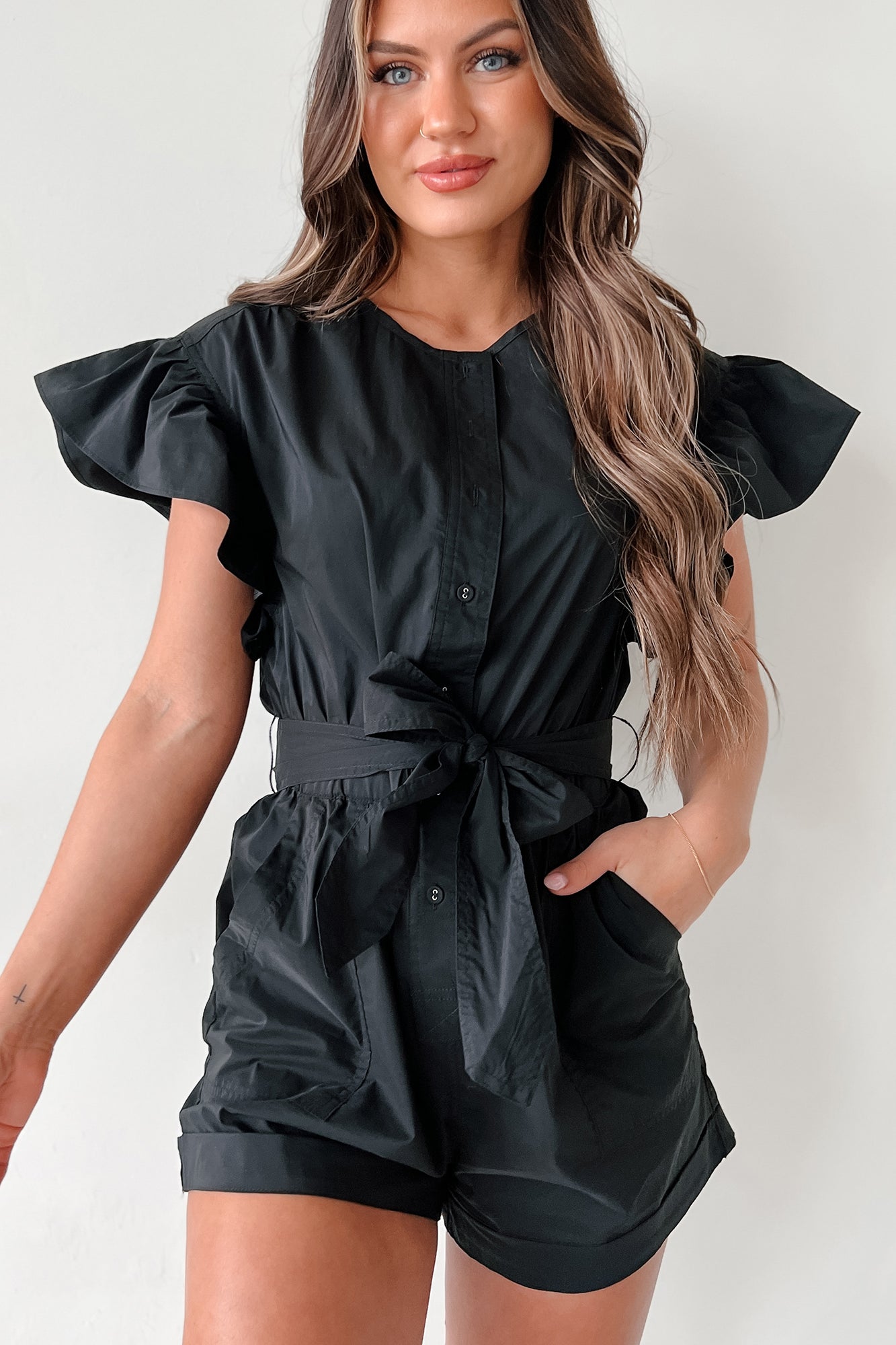 Shula Button-Front Ruffle Sleeve Romper (Black)