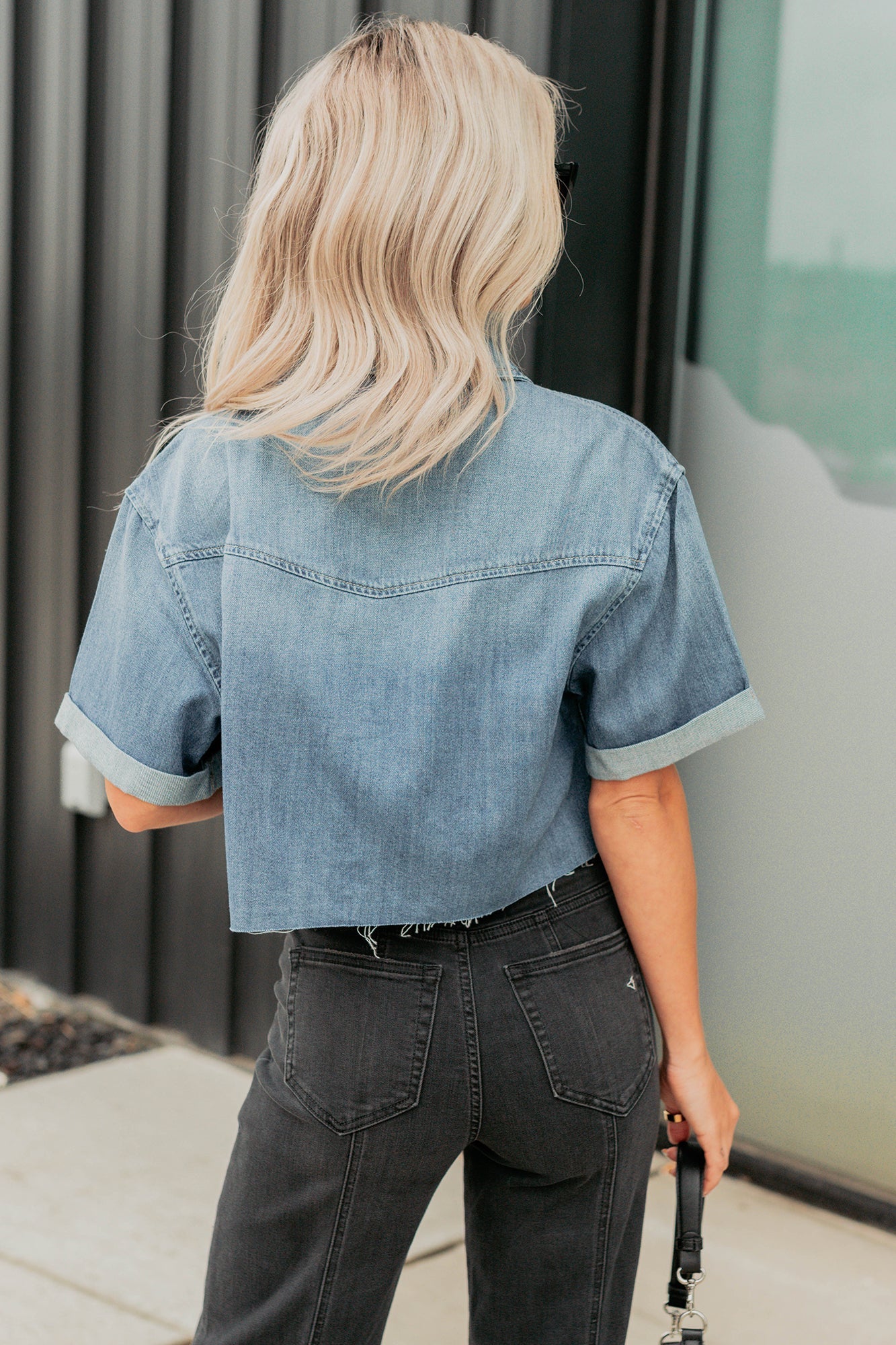 Out & About Short Sleeve Denim Crop Top (Medium)