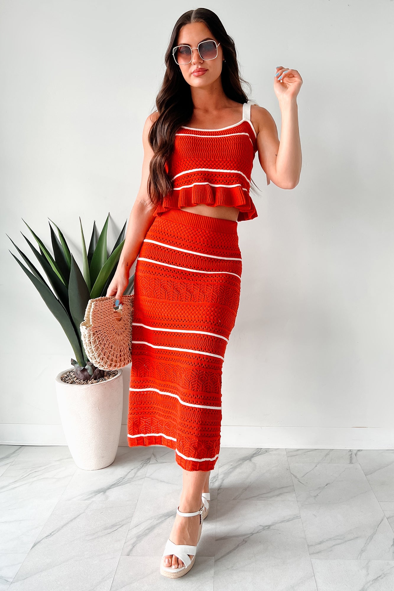 Playful & Pretty Open Knit Sweater Midi Skirt (Red Orange)