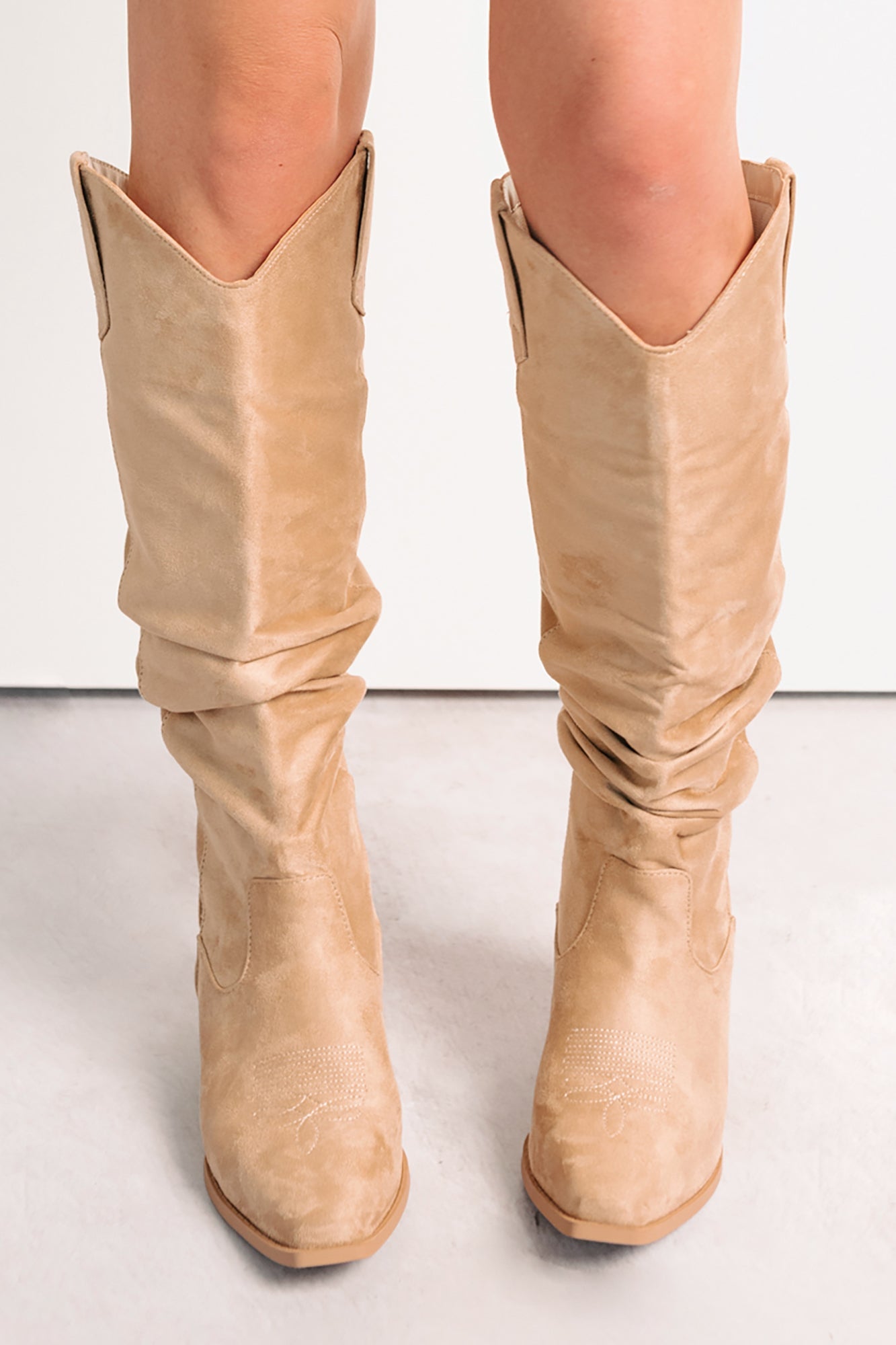 Stomp & Strut Faux Suede Slouch Boots (Light Sand)